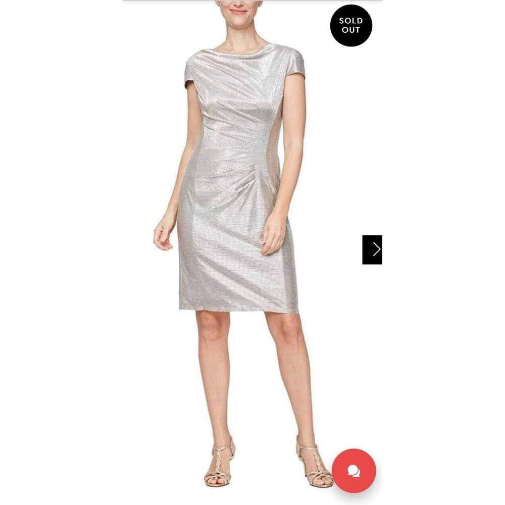 Alex Evenings Cap Sleeve Cowl Neck Silver Metallic Evening Sheath Dress size 10